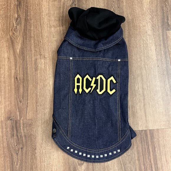Fab Dog Medium Dog Hoodie Jacket AC/DC Embroidered Denim Vest - Picture 1 of 9